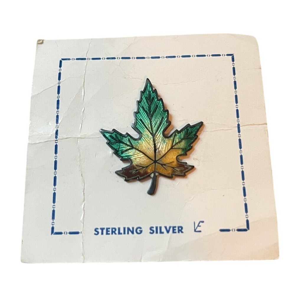 Vintage Sterling Silver Enamel guilloche Maple Leaf Oak Signed Brooch Canada 925